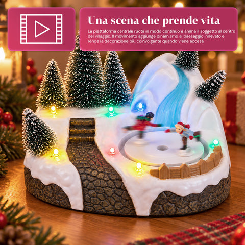 Aldeia de Natal luminosa com elemento rotativo, luzes LED e música - 3 variantes: árvore, Pai Natal, crianças - 17x14x15 cm