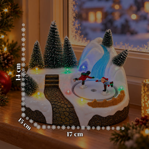Aldeia de Natal luminosa com elemento rotativo, luzes LED e música - 3 variantes: árvore, Pai Natal, crianças - 17x14x15 cm