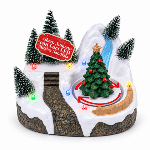 Aldeia de Natal luminosa com elemento rotativo, luzes LED e música - 3 variantes: árvore, Pai Natal, crianças - 17x14x15 cm