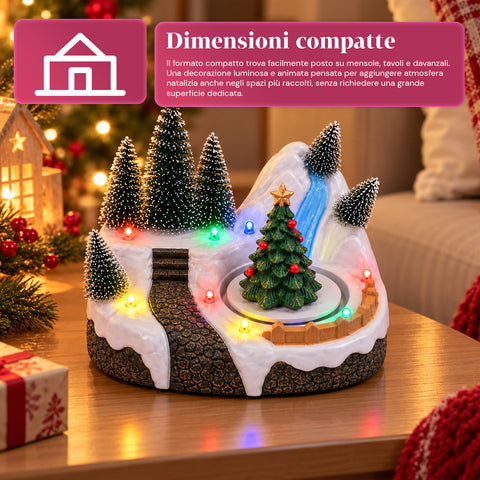 Aldeia de Natal luminosa com elemento rotativo, luzes LED e música - 3 variantes: árvore, Pai Natal, crianças - 17x14x15 cm
