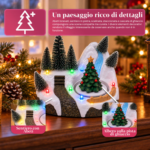 Aldeia de Natal luminosa com elemento rotativo, luzes LED e música - 3 variantes: árvore, Pai Natal, crianças - 17x14x15 cm