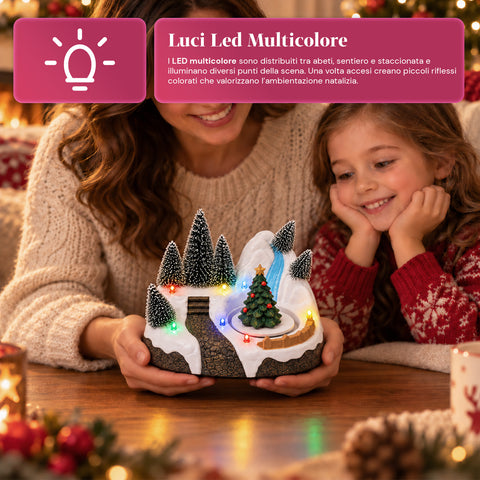 Aldeia de Natal luminosa com elemento rotativo, luzes LED e música - 3 variantes: árvore, Pai Natal, crianças - 17x14x15 cm