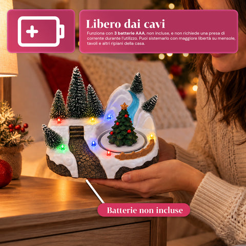 Aldeia de Natal luminosa com elemento rotativo, luzes LED e música - 3 variantes: árvore, Pai Natal, crianças - 17x14x15 cm