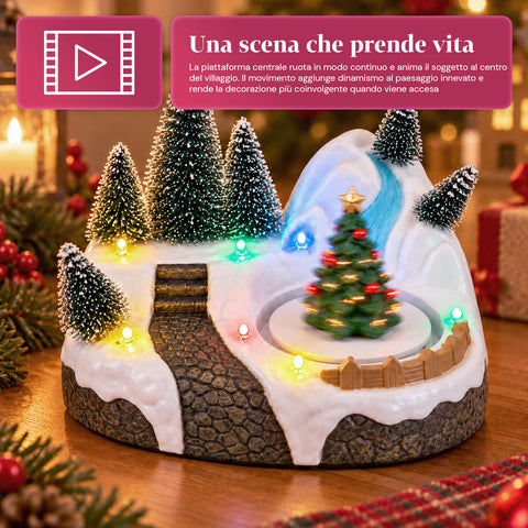 Aldeia de Natal luminosa com elemento rotativo, luzes LED e música - 3 variantes: árvore, Pai Natal, crianças - 17x14x15 cm