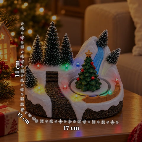 Aldeia de Natal luminosa com elemento rotativo, luzes LED e música - 3 variantes: árvore, Pai Natal, crianças - 17x14x15 cm