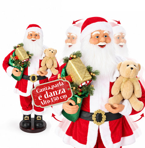 Pai Natal dançante de 150 cm com música, canto e movimento - Decoração natalícia para interiores com botão, base de 38 cm, vermelho