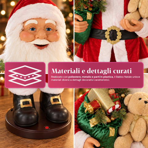 Pai Natal dançante de 150 cm com música, canto e movimento - Decoração natalícia para interiores com botão, base de 38 cm, vermelho