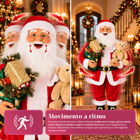 Pai Natal dançante de 150 cm com música, canto e movimento - Decoração natalícia para interiores com botão, base de 38 cm, vermelho