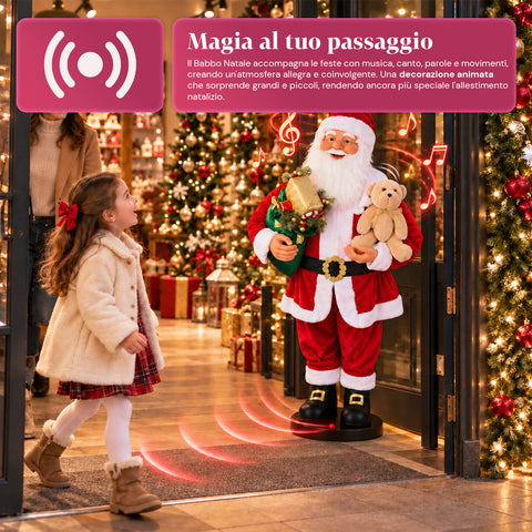 Pai Natal dançante de 150 cm com música, canto e movimento - Decoração natalícia para interiores com botão, base de 38 cm, vermelho