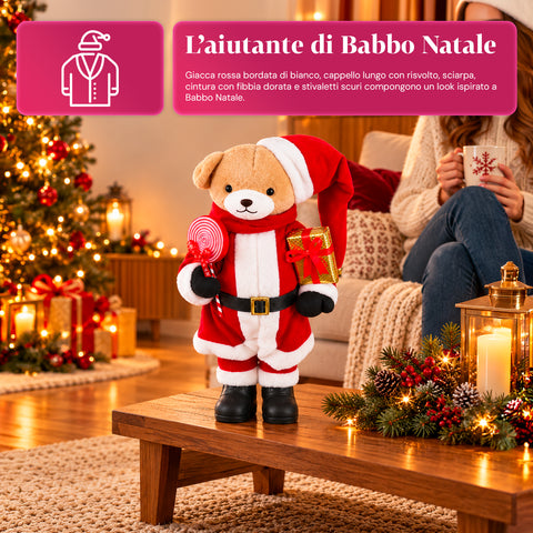 Urso natalício de peluche com roupa vermelha e branca, três tamanhos para decorar interiores