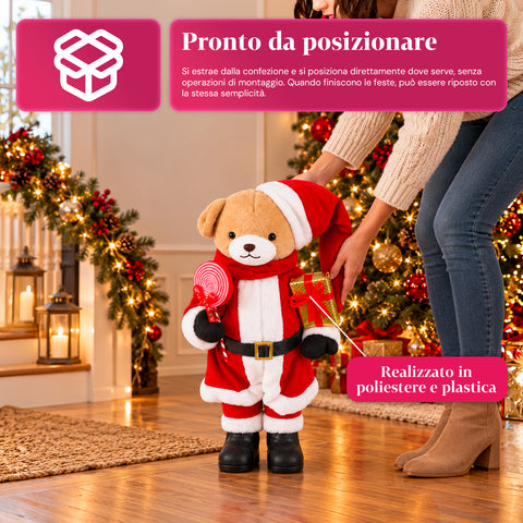 Urso natalício de peluche com roupa vermelha e branca, três tamanhos para decorar interiores