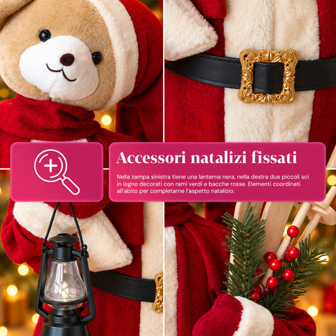 Urso natalício de peluche com roupa vermelha e branca, três tamanhos para decorar interiores