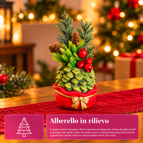 Planta ornamental com árvore de 20 cm, decoração de Natal de mesa com pinhas, bagas vermelhas e laço em relevo, 2 variantes em vermelho e dourado