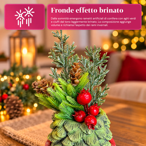 Planta ornamental com árvore de 20 cm, decoração de Natal de mesa com pinhas, bagas vermelhas e laço em relevo, 2 variantes em vermelho e dourado
