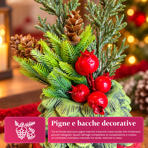 Planta ornamental com árvore de 20 cm, decoração de Natal de mesa com pinhas, bagas vermelhas e laço em relevo, 2 variantes em vermelho e dourado