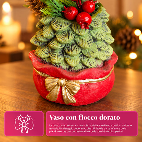 Planta ornamental com árvore de 20 cm, decoração de Natal de mesa com pinhas, bagas vermelhas e laço em relevo, 2 variantes em vermelho e dourado