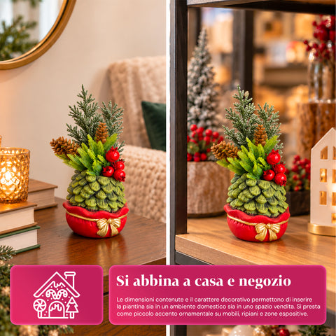 Planta ornamental com árvore de 20 cm, decoração de Natal de mesa com pinhas, bagas vermelhas e laço em relevo, 2 variantes em vermelho e dourado