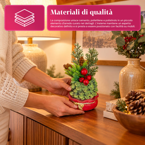 Planta ornamental com árvore de 20 cm, decoração de Natal de mesa com pinhas, bagas vermelhas e laço em relevo, 2 variantes em vermelho e dourado