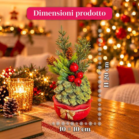Planta ornamental com árvore de 20 cm, decoração de Natal de mesa com pinhas, bagas vermelhas e laço em relevo, 2 variantes em vermelho e dourado