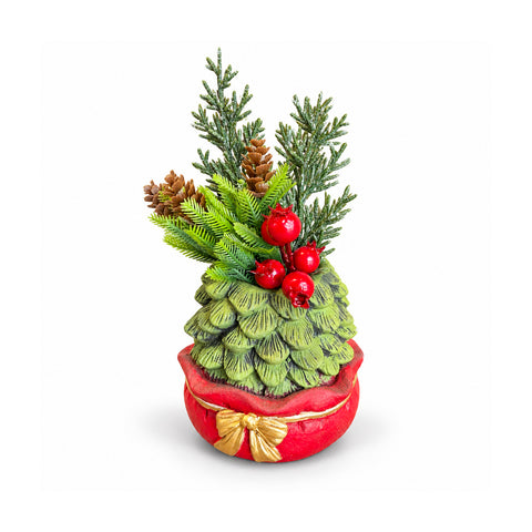 Planta ornamental com árvore de 20 cm, decoração de Natal de mesa com pinhas, bagas vermelhas e laço em relevo, 2 variantes em vermelho e dourado