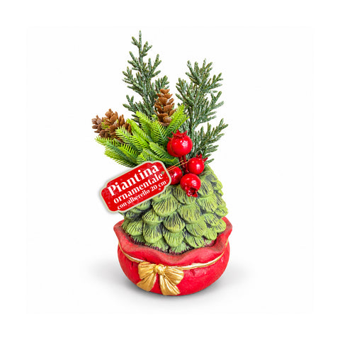 Planta ornamental com árvore de 20 cm, decoração de Natal de mesa com pinhas, bagas vermelhas e laço em relevo, 2 variantes em vermelho e dourado