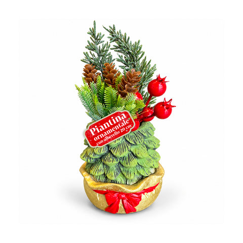 Planta ornamental com árvore de 20 cm, decoração de Natal de mesa com pinhas, bagas vermelhas e laço em relevo, 2 variantes em vermelho e dourado