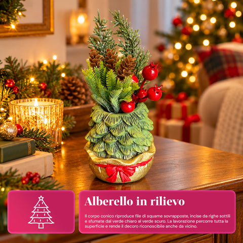 Planta ornamental com árvore de 20 cm, decoração de Natal de mesa com pinhas, bagas vermelhas e laço em relevo, 2 variantes em vermelho e dourado