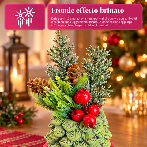 Planta ornamental com árvore de 20 cm, decoração de Natal de mesa com pinhas, bagas vermelhas e laço em relevo, 2 variantes em vermelho e dourado