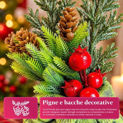 Planta ornamental com árvore de 20 cm, decoração de Natal de mesa com pinhas, bagas vermelhas e laço em relevo, 2 variantes em vermelho e dourado