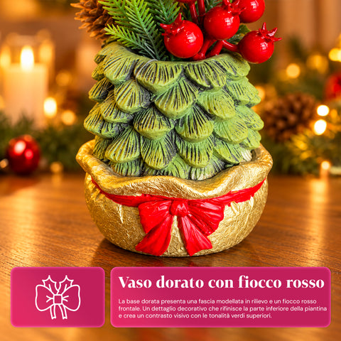 Planta ornamental com árvore de 20 cm, decoração de Natal de mesa com pinhas, bagas vermelhas e laço em relevo, 2 variantes em vermelho e dourado