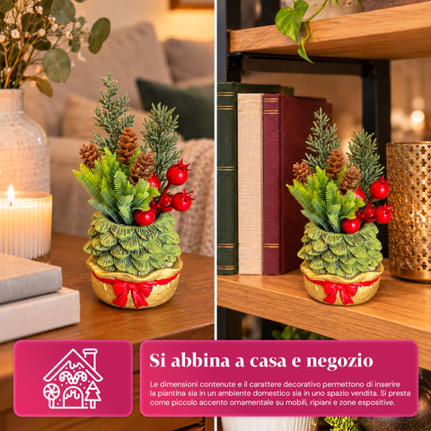 Planta ornamental com árvore de 20 cm, decoração de Natal de mesa com pinhas, bagas vermelhas e laço em relevo, 2 variantes em vermelho e dourado