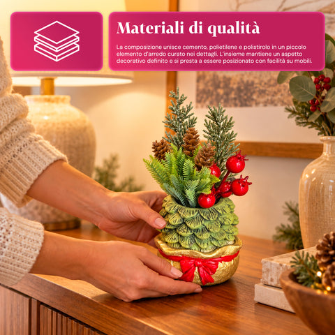 Planta ornamental com árvore de 20 cm, decoração de Natal de mesa com pinhas, bagas vermelhas e laço em relevo, 2 variantes em vermelho e dourado