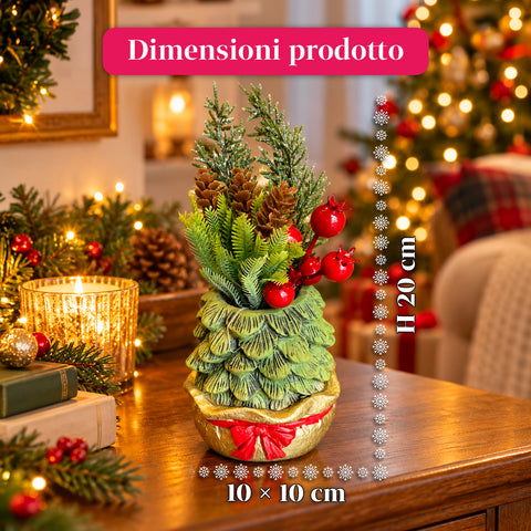 Planta ornamental com árvore de 20 cm, decoração de Natal de mesa com pinhas, bagas vermelhas e laço em relevo, 2 variantes em vermelho e dourado