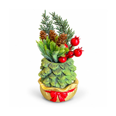 Planta ornamental com árvore de 20 cm, decoração de Natal de mesa com pinhas, bagas vermelhas e laço em relevo, 2 variantes em vermelho e dourado