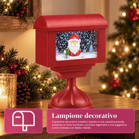 Candeeiro decorativo de Natal em forma de caixa de correio com efeito de neve, luzes LED e música, 2 variantes: Pai Natal ou Ursinho, altura 41 cm, a pilhas