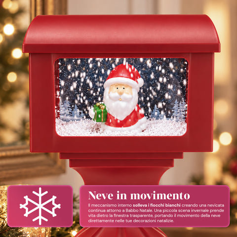 Candeeiro decorativo de Natal em forma de caixa de correio com efeito de neve, luzes LED e música, 2 variantes: Pai Natal ou Ursinho, altura 41 cm, a pilhas