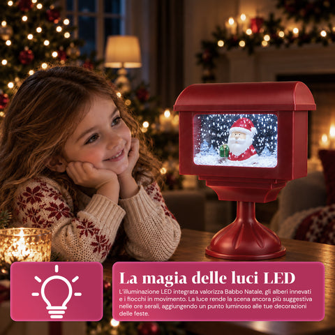 Candeeiro decorativo de Natal em forma de caixa de correio com efeito de neve, luzes LED e música, 2 variantes: Pai Natal ou Ursinho, altura 41 cm, a pilhas