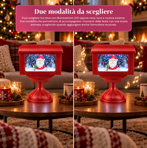 Candeeiro decorativo de Natal em forma de caixa de correio com efeito de neve, luzes LED e música, 2 variantes: Pai Natal ou Ursinho, altura 41 cm, a pilhas