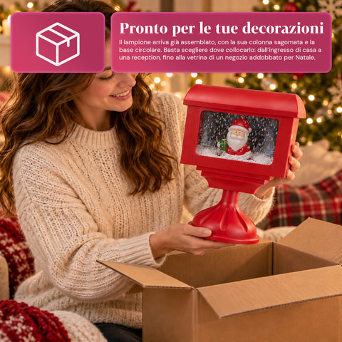 Candeeiro decorativo de Natal em forma de caixa de correio com efeito de neve, luzes LED e música, 2 variantes: Pai Natal ou Ursinho, altura 41 cm, a pilhas