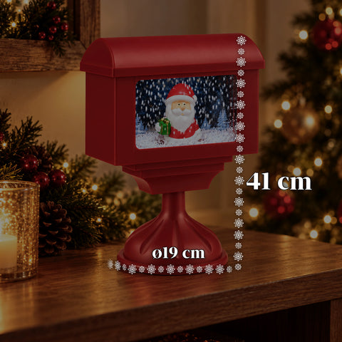 Candeeiro decorativo de Natal em forma de caixa de correio com efeito de neve, luzes LED e música, 2 variantes: Pai Natal ou Ursinho, altura 41 cm, a pilhas