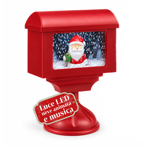 Candeeiro decorativo de Natal em forma de caixa de correio com efeito de neve, luzes LED e música, 2 variantes: Pai Natal ou Ursinho, altura 41 cm, a pilhas
