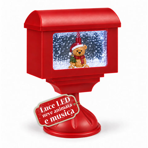 Candeeiro decorativo de Natal em forma de caixa de correio com efeito de neve, luzes LED e música, 2 variantes: Pai Natal ou Ursinho, altura 41 cm, a pilhas