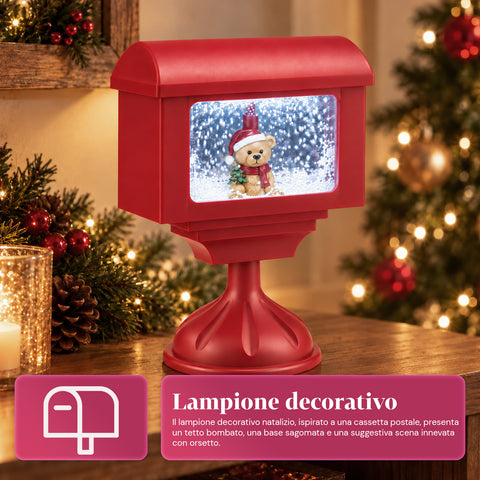 Candeeiro decorativo de Natal em forma de caixa de correio com efeito de neve, luzes LED e música, 2 variantes: Pai Natal ou Ursinho, altura 41 cm, a pilhas