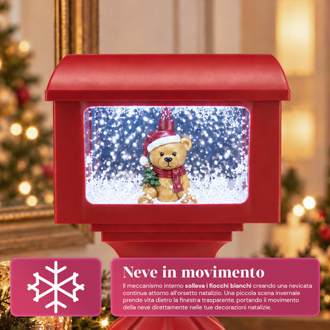 Candeeiro decorativo de Natal em forma de caixa de correio com efeito de neve, luzes LED e música, 2 variantes: Pai Natal ou Ursinho, altura 41 cm, a pilhas
