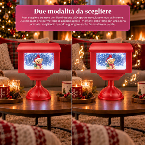 Candeeiro decorativo de Natal em forma de caixa de correio com efeito de neve, luzes LED e música, 2 variantes: Pai Natal ou Ursinho, altura 41 cm, a pilhas