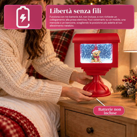 Candeeiro decorativo de Natal em forma de caixa de correio com efeito de neve, luzes LED e música, 2 variantes: Pai Natal ou Ursinho, altura 41 cm, a pilhas