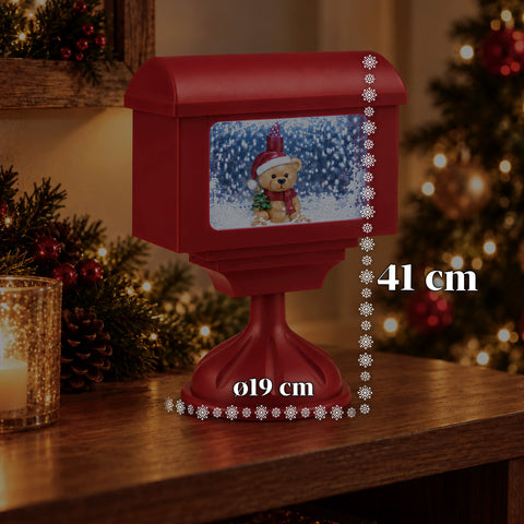 Candeeiro decorativo de Natal em forma de caixa de correio com efeito de neve, luzes LED e música, 2 variantes: Pai Natal ou Ursinho, altura 41 cm, a pilhas