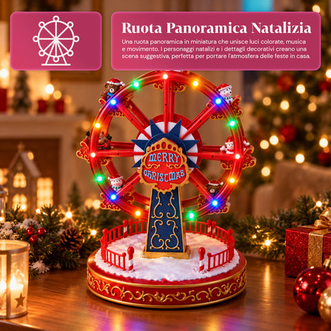 Roda-gigante de Natal com luzes LED, música e movimento rotativo, 2 cores, decoração de Natal animada, altura 26 cm, base 22 cm, plástico