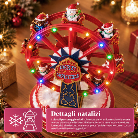 Roda-gigante de Natal com luzes LED, música e movimento rotativo, 2 cores, decoração de Natal animada, altura 26 cm, base 22 cm, plástico
