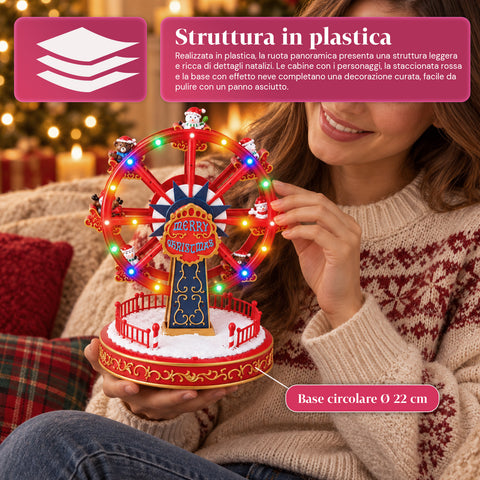 Roda-gigante de Natal com luzes LED, música e movimento rotativo, 2 cores, decoração de Natal animada, altura 26 cm, base 22 cm, plástico